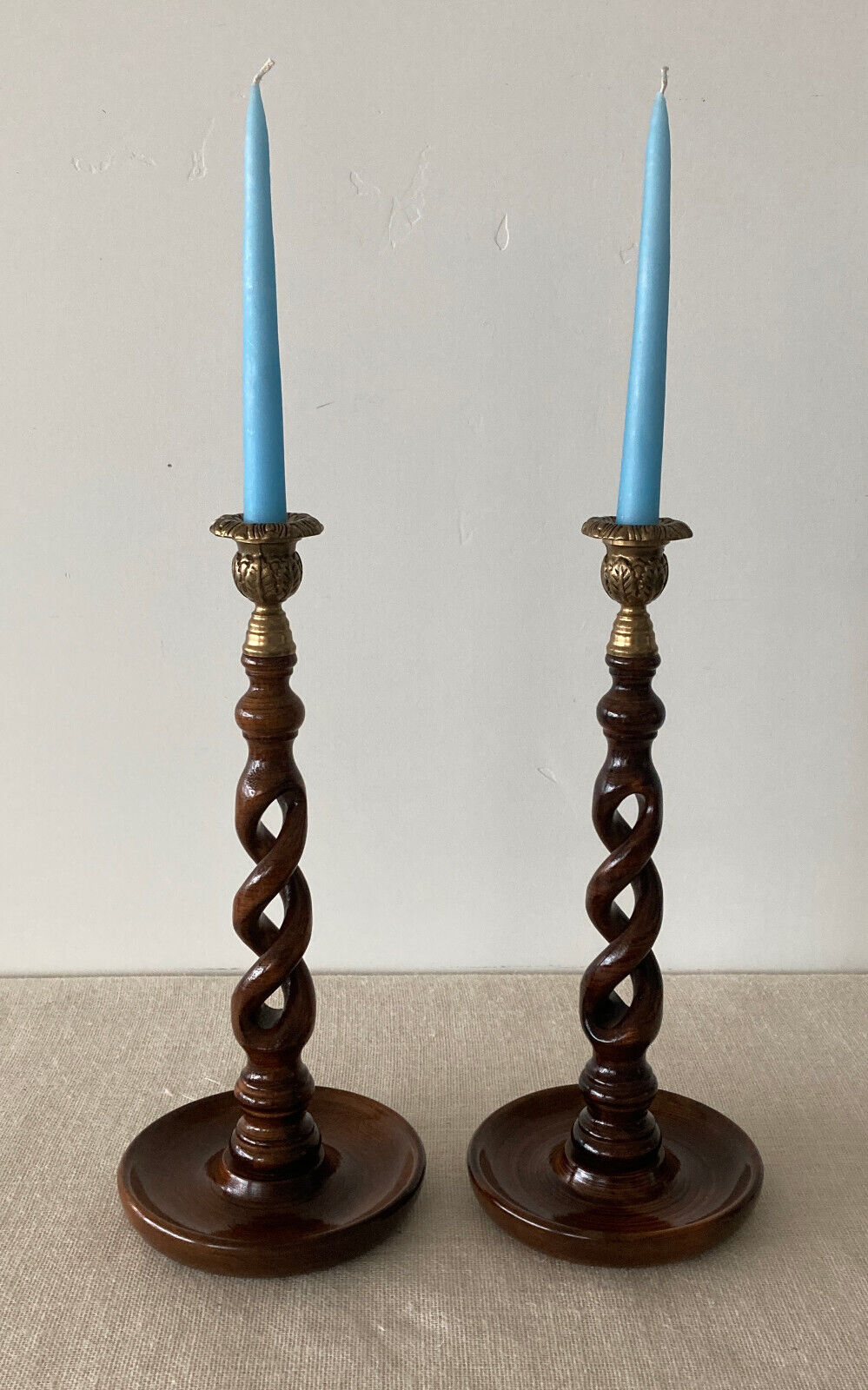 Open Barley Twist Oak Candlesticks with Brass Thistle Tops