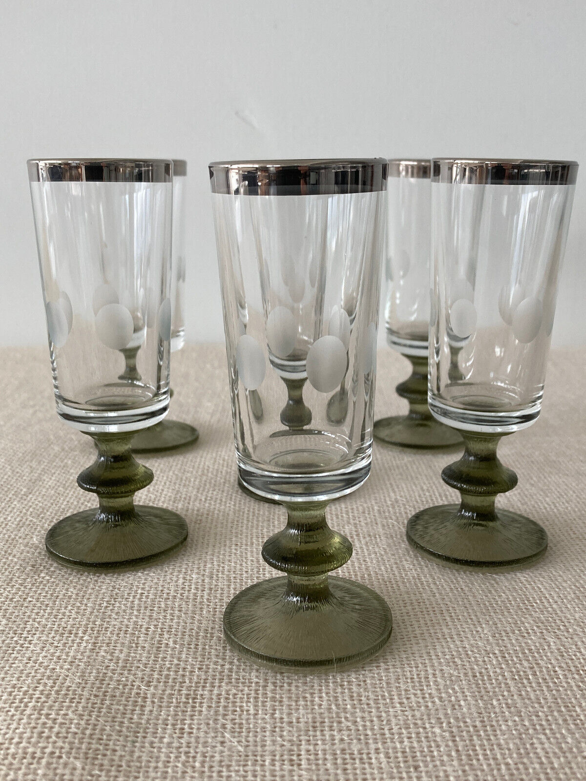 Italian Cocktail Glasses with Green Stems, Etched Dots & Silver Rims