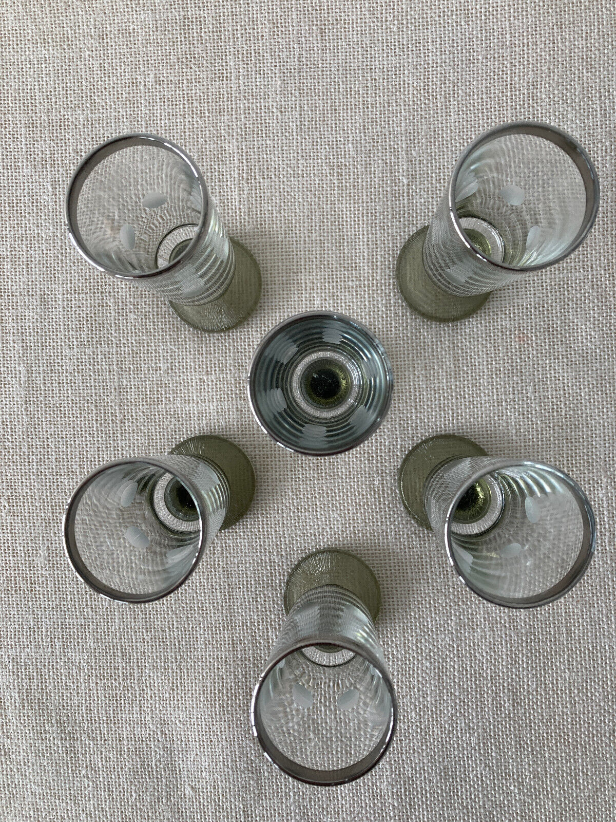 Italian Cocktail Glasses with Green Stems, Etched Dots & Silver Rims