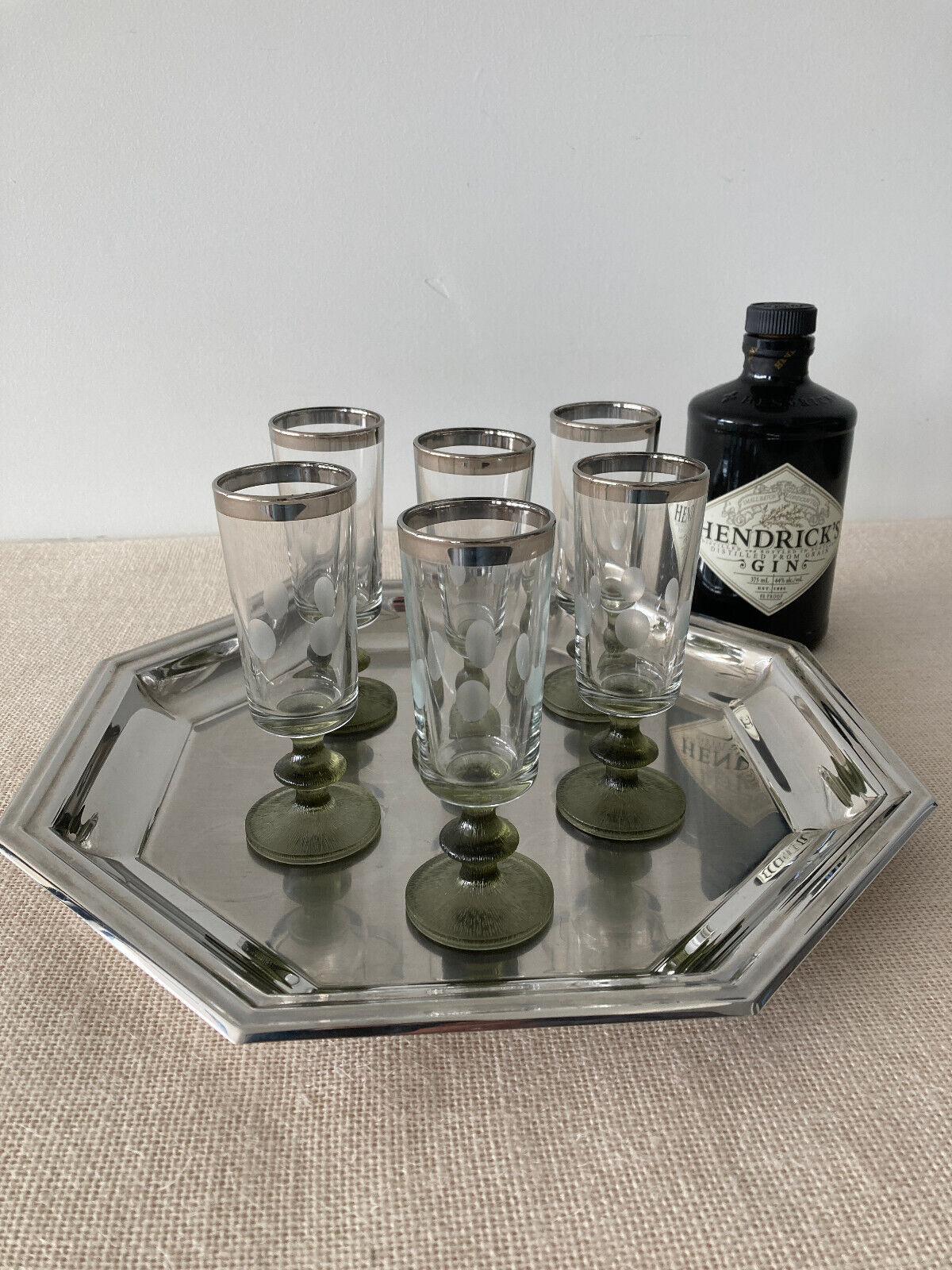 Italian Cocktail Glasses with Green Stems, Etched Dots & Silver Rims