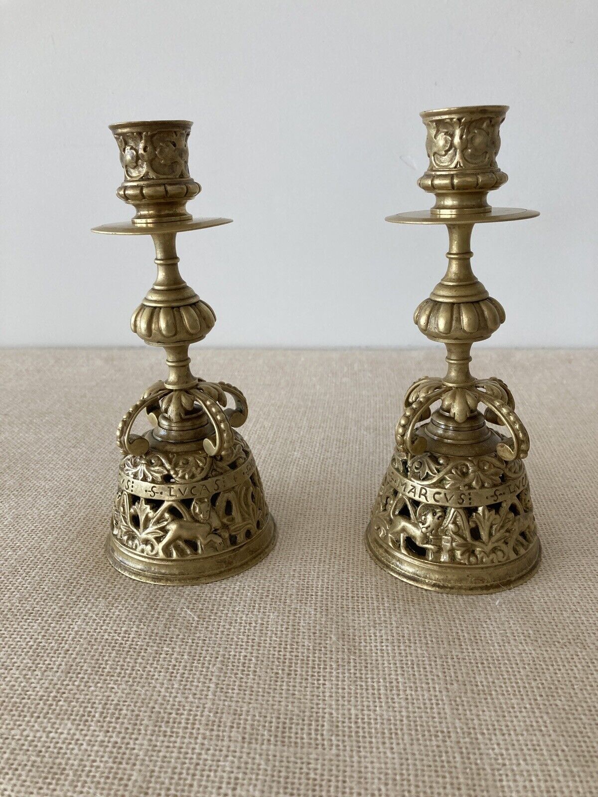 Antique 19th Century Gothic Brass Church Altar Candlesticks