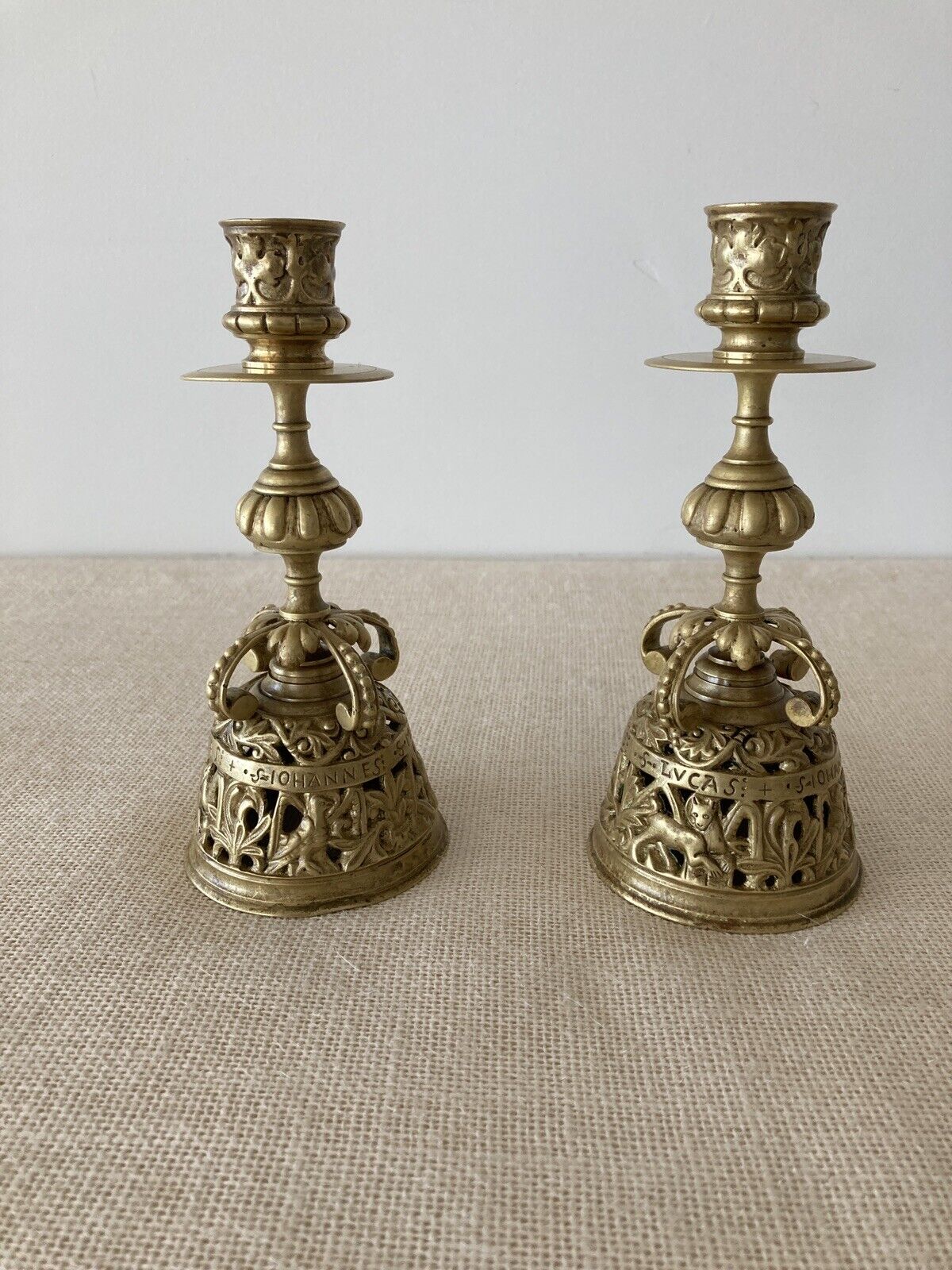 Antique 19th Century Gothic Brass Church Altar Candlesticks