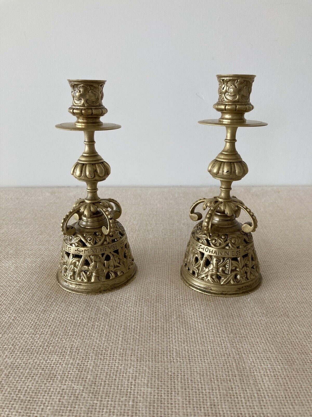 Antique 19th Century Gothic Brass Church Altar Candlesticks