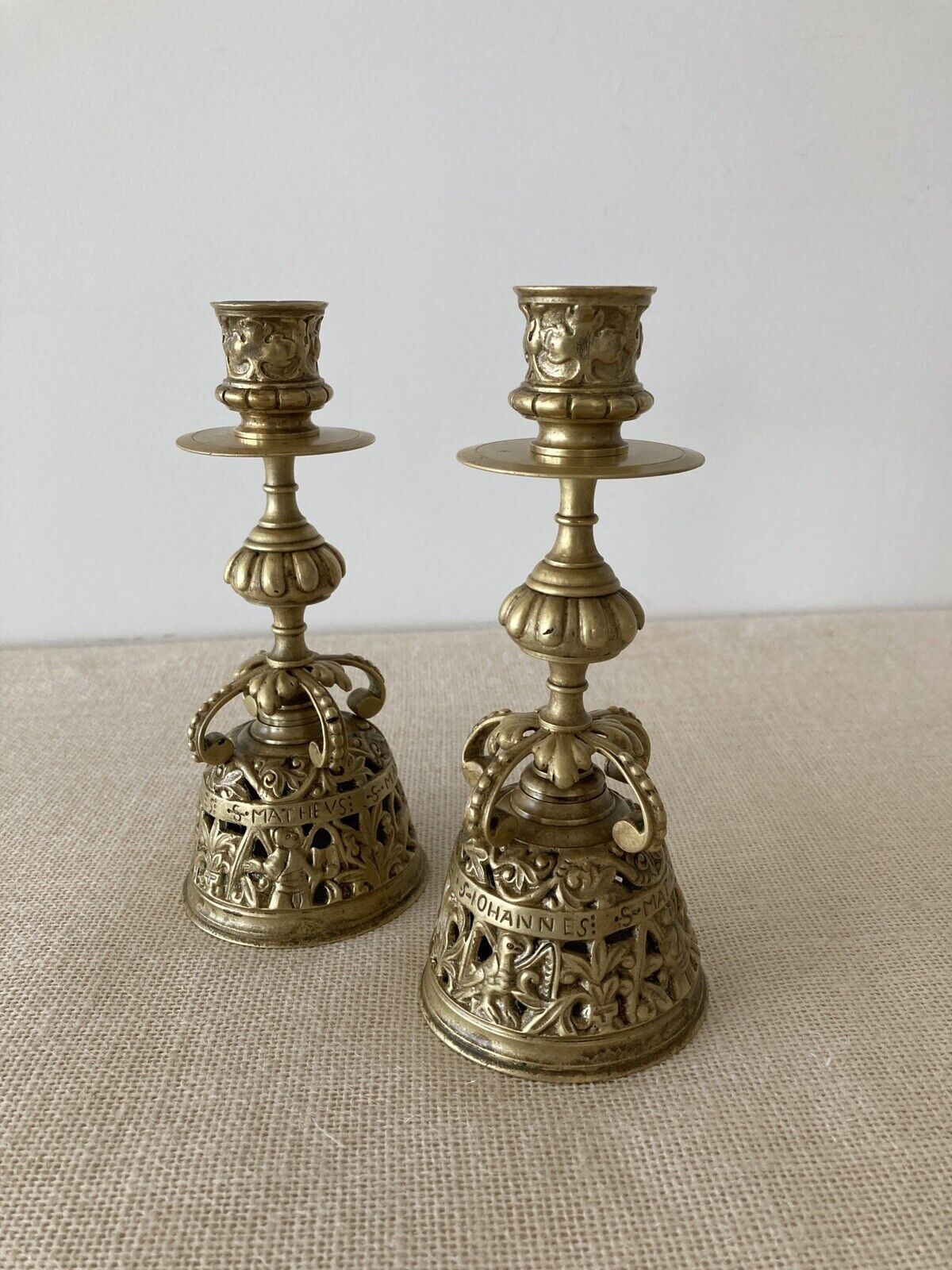 Antique 19th Century Gothic Brass Church Altar Candlesticks