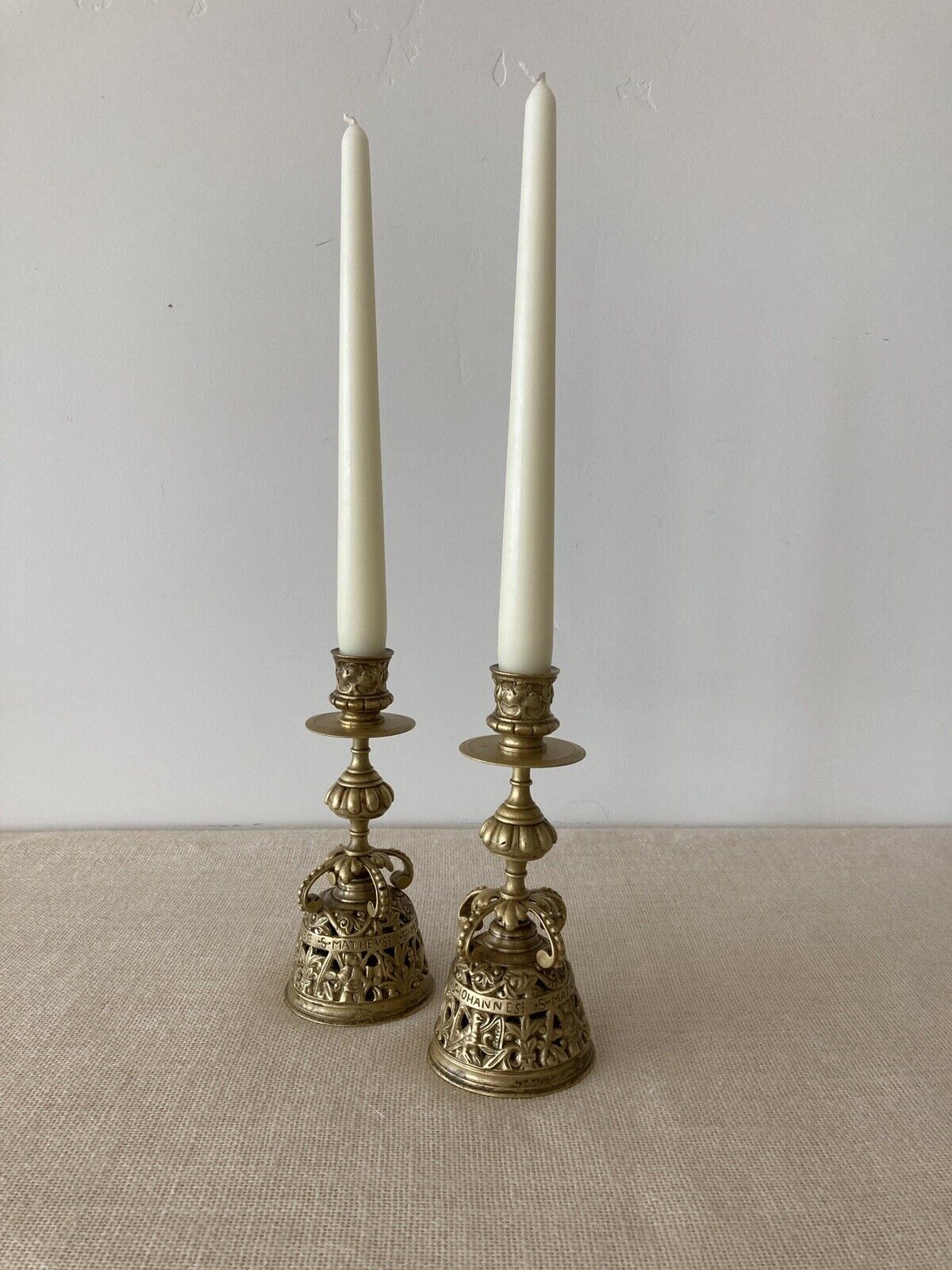 Antique 19th Century Gothic Brass Church Altar Candlesticks
