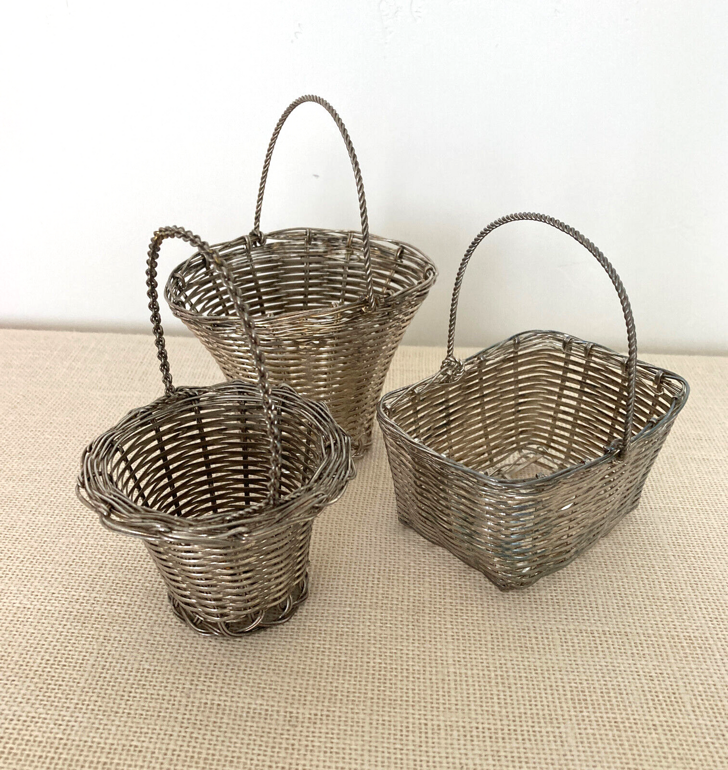 European Silverplate Woven Baskets with Movable Handles, Set of 3