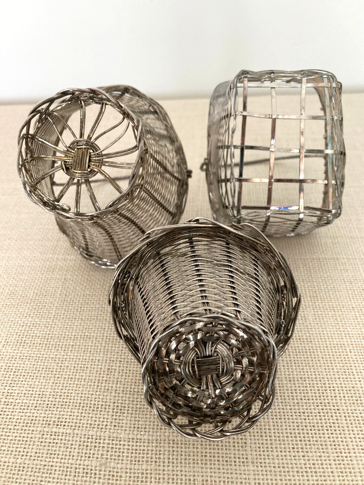 European Silverplate Woven Baskets with Movable Handles, Set of 3