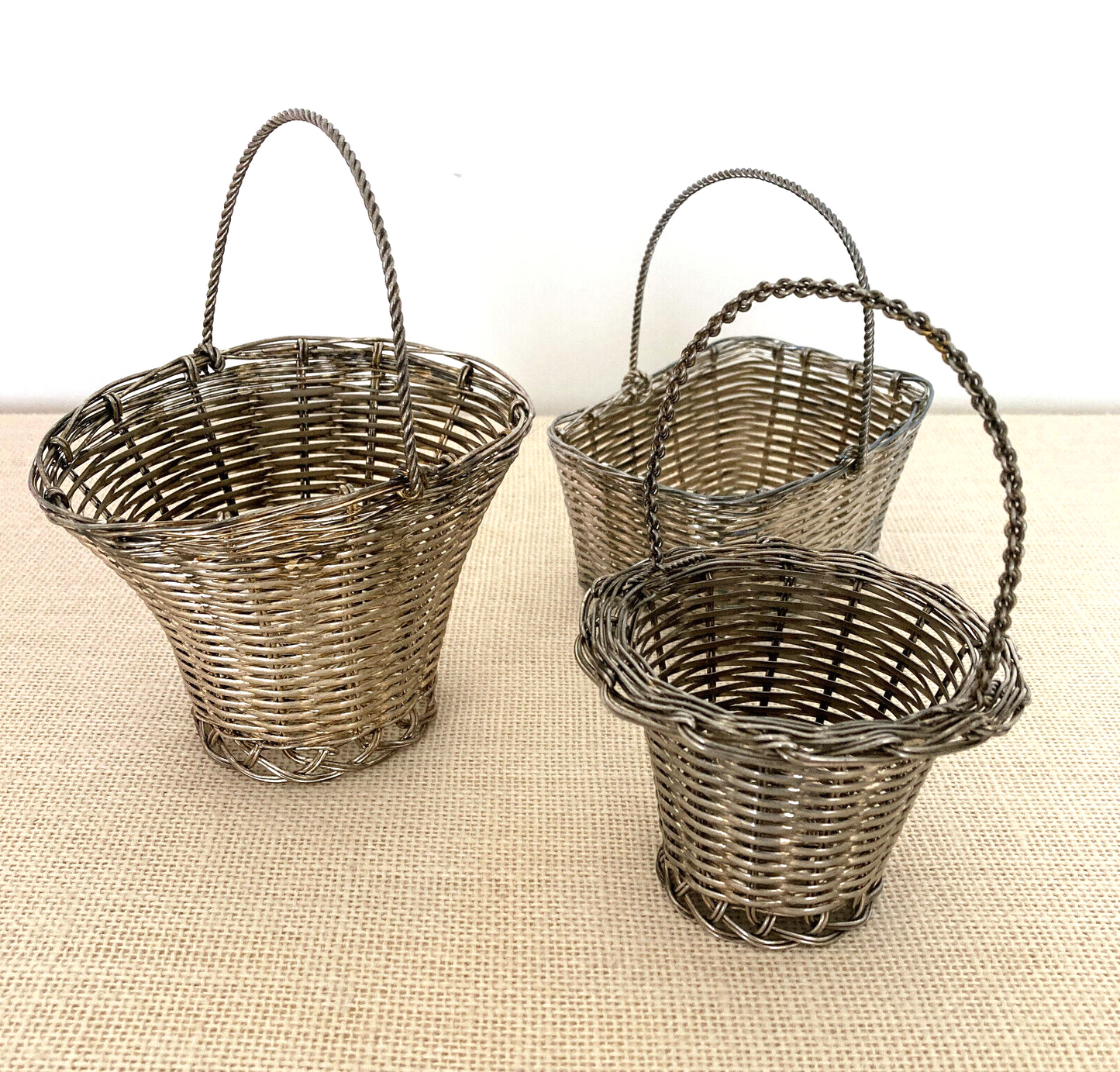 European Silverplate Woven Baskets with Movable Handles, Set of 3