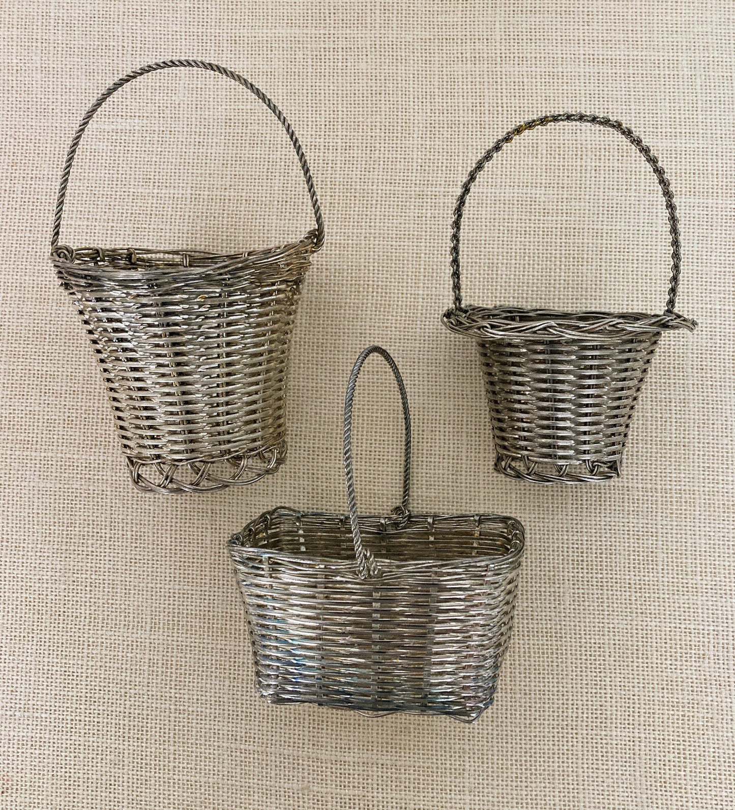 European Silverplate Woven Baskets with Movable Handles, Set of 3
