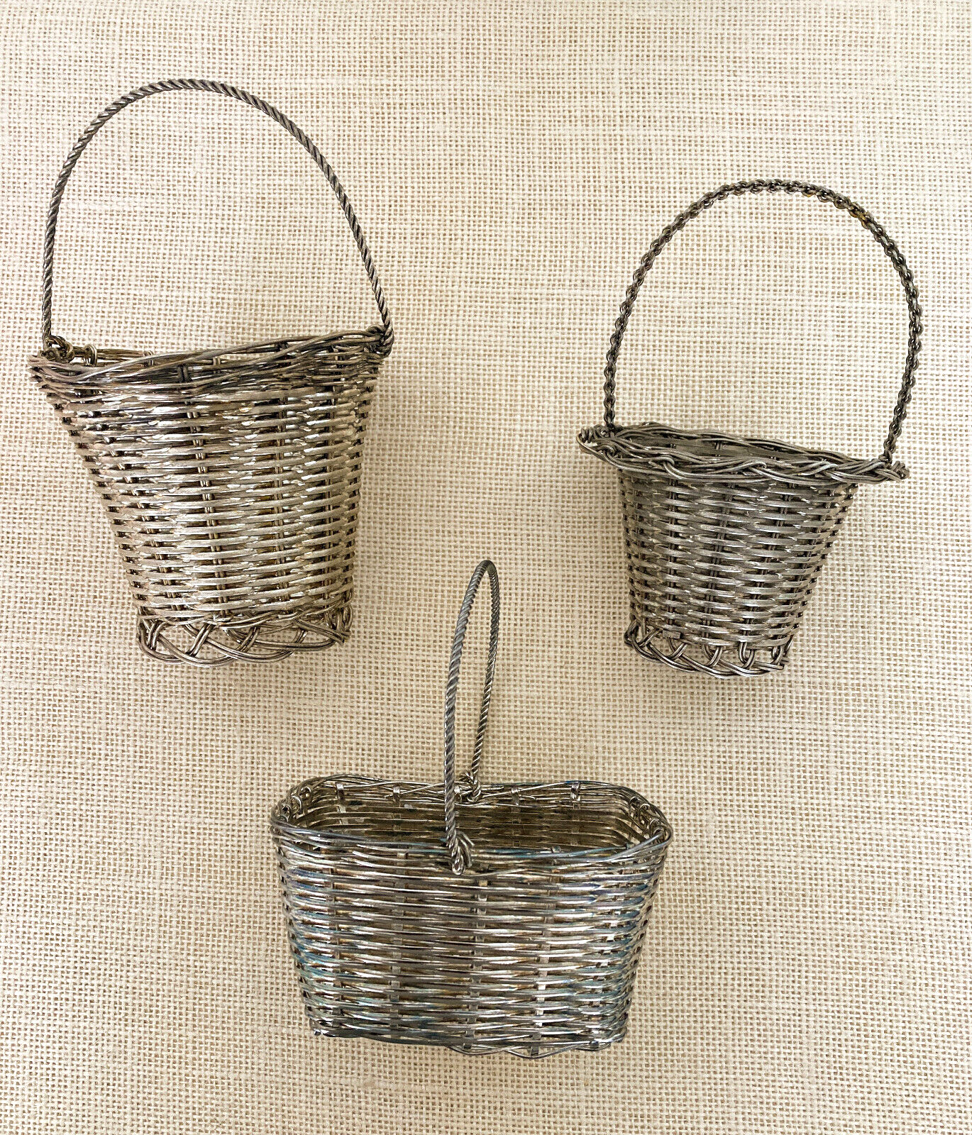 European Silverplate Woven Baskets with Movable Handles, Set of 3