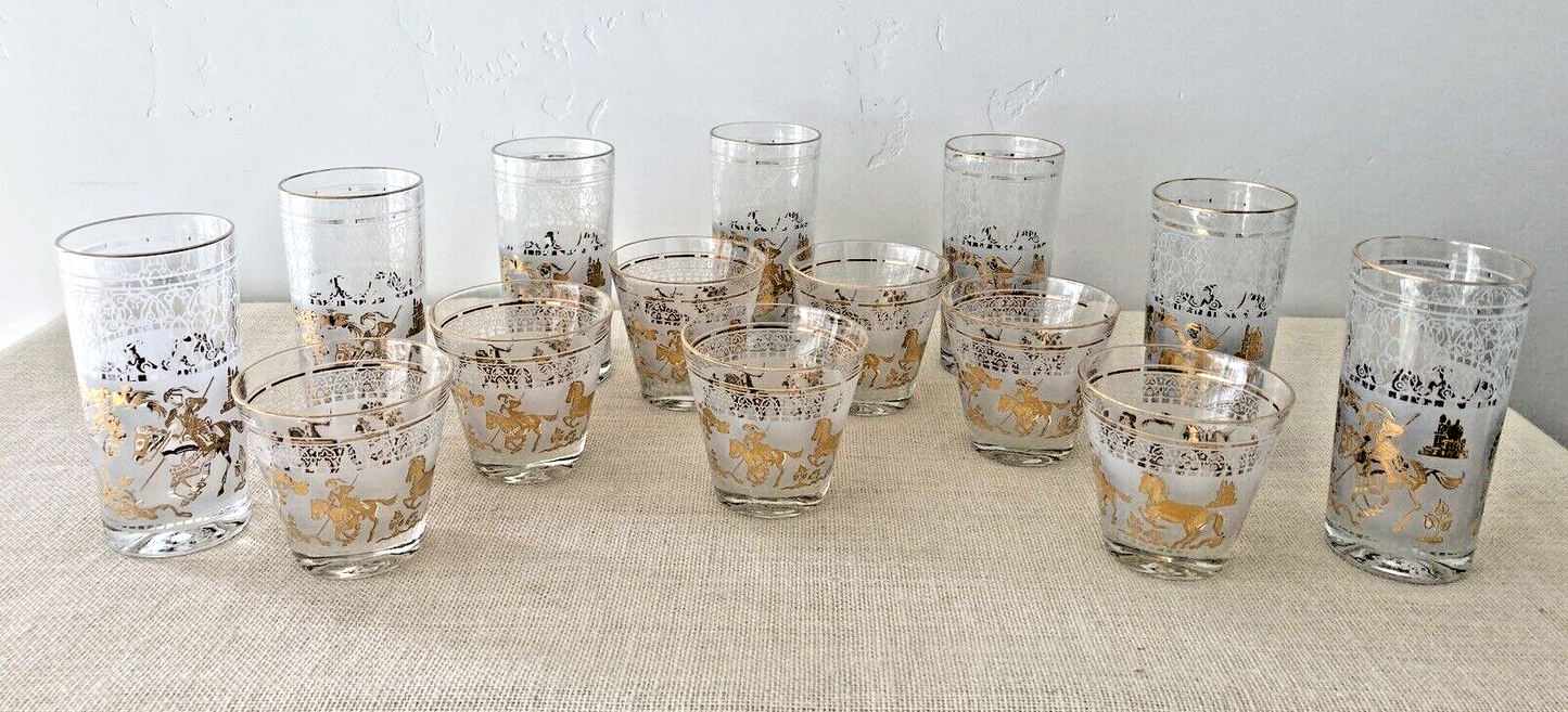 Mid century Hazel Atlas Gold Arabian Knights Cocktail Glasses, set of 14