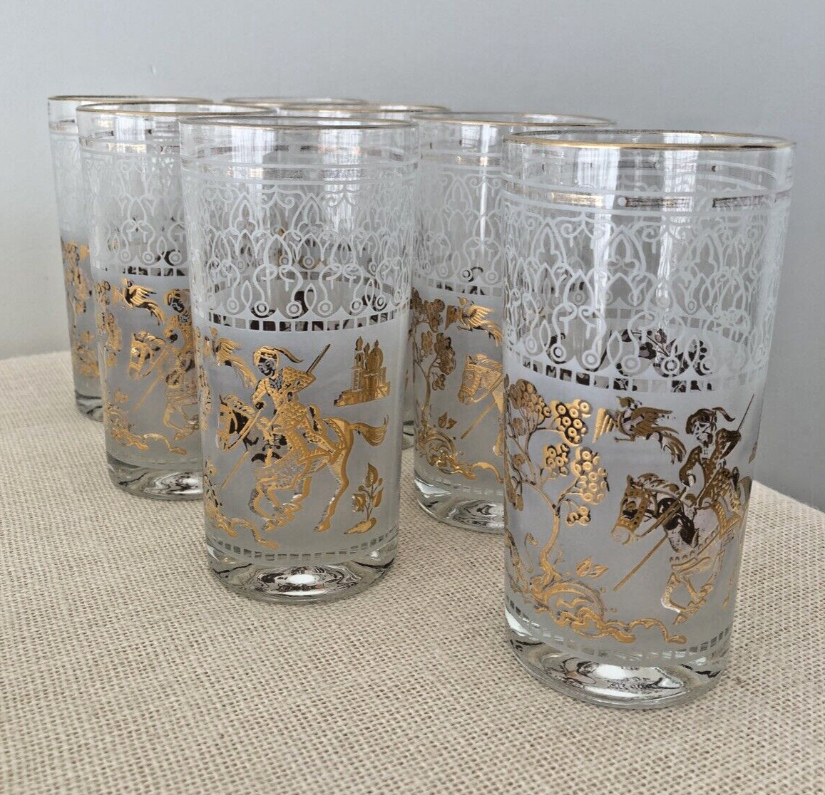 Mid century Hazel Atlas Gold Arabian Knights Cocktail Glasses, set of 14
