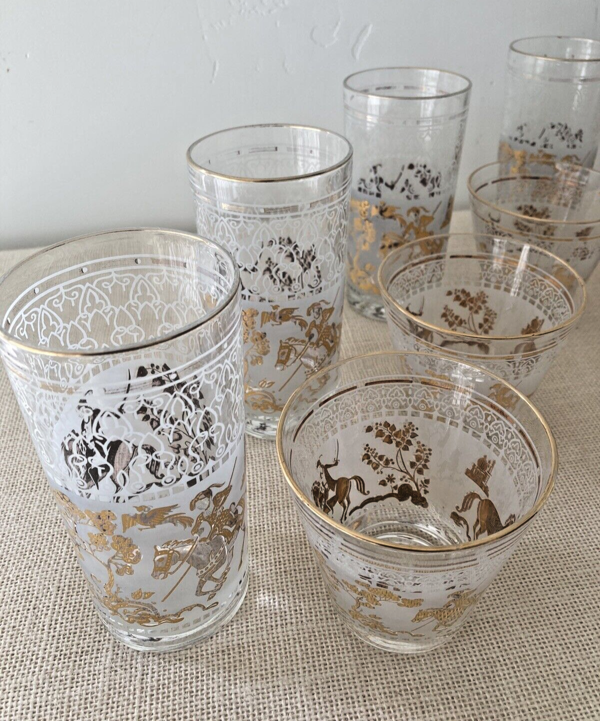 Mid century Hazel Atlas Gold Arabian Knights Cocktail Glasses, set of 14