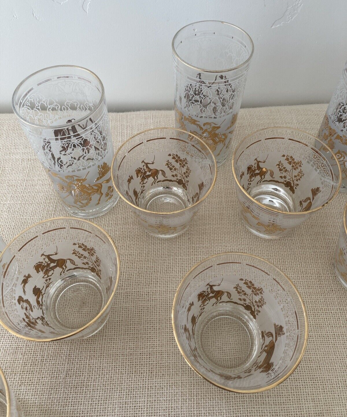 Mid century Hazel Atlas Gold Arabian Knights Cocktail Glasses, set of 14