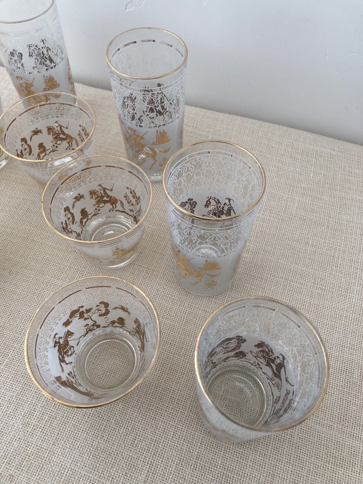 Mid century Hazel Atlas Gold Arabian Knights Cocktail Glasses, set of 14