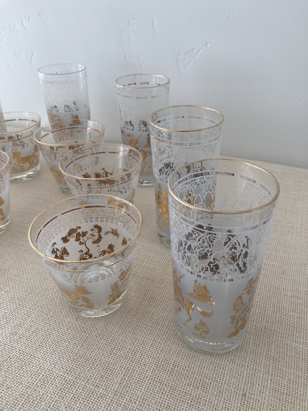 Mid century Hazel Atlas Gold Arabian Knights Cocktail Glasses, set of 14