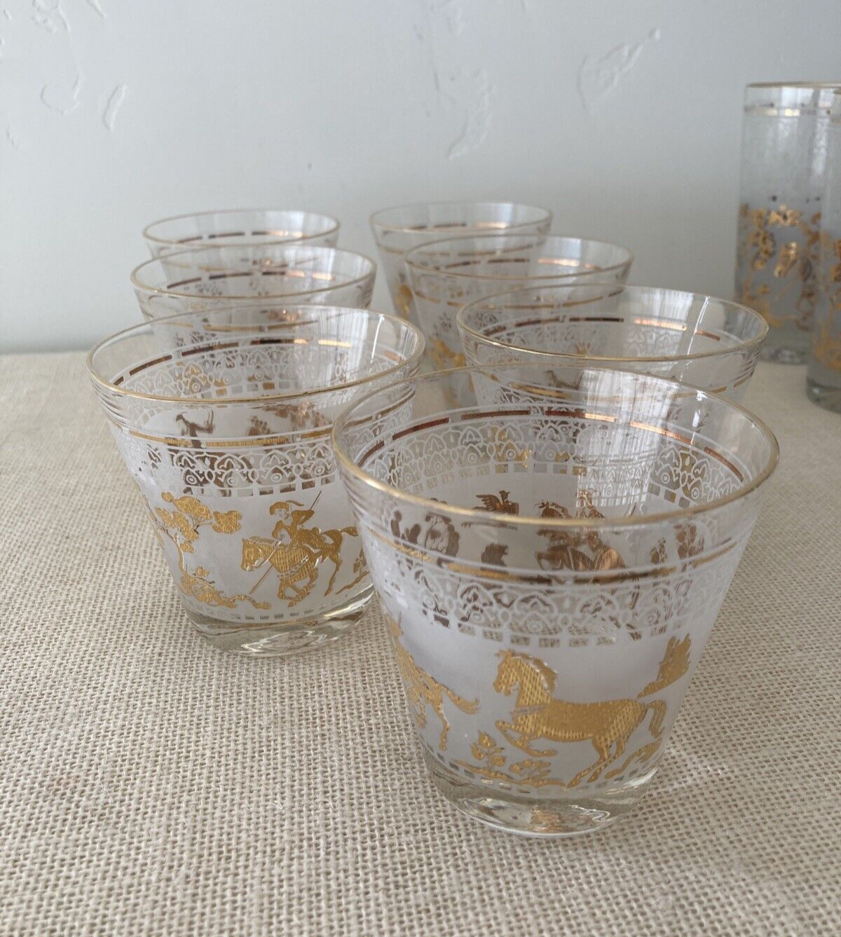 Mid century Hazel Atlas Gold Arabian Knights Cocktail Glasses, set of 14