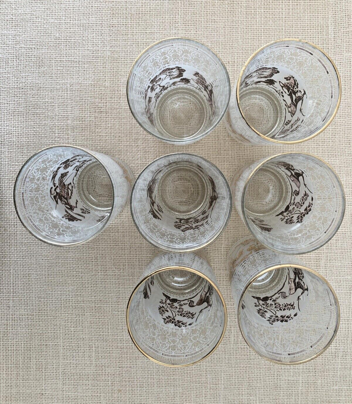 Mid century Hazel Atlas Gold Arabian Knights Cocktail Glasses, set of 14