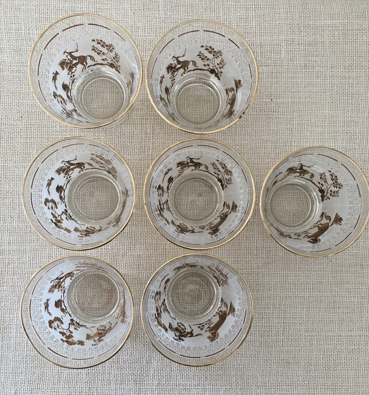 Mid century Hazel Atlas Gold Arabian Knights Cocktail Glasses, set of 14