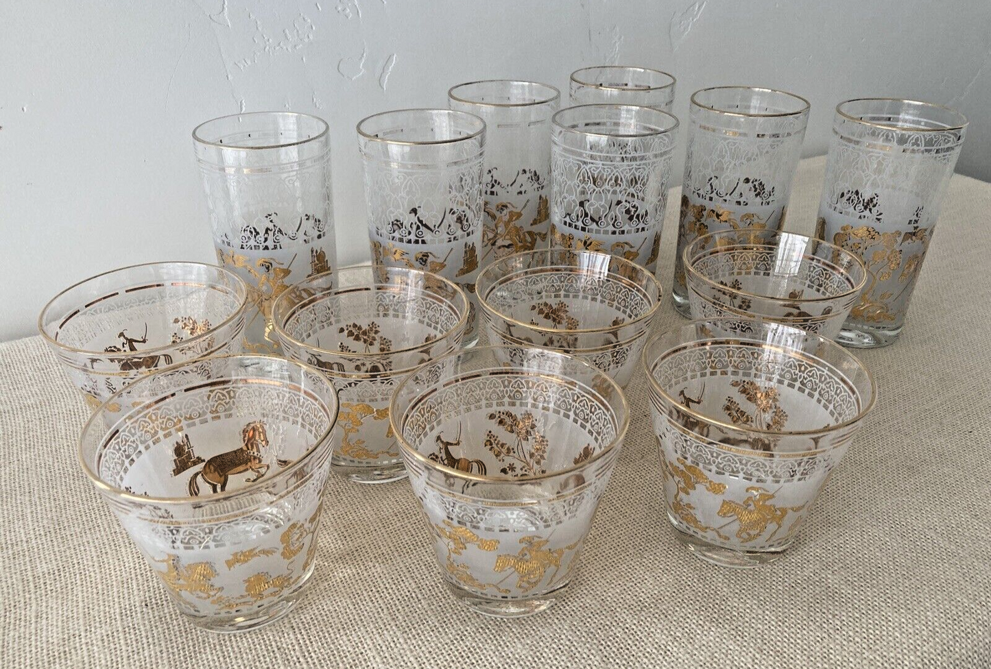 Mid century Hazel Atlas Gold Arabian Knights Cocktail Glasses, set of 14