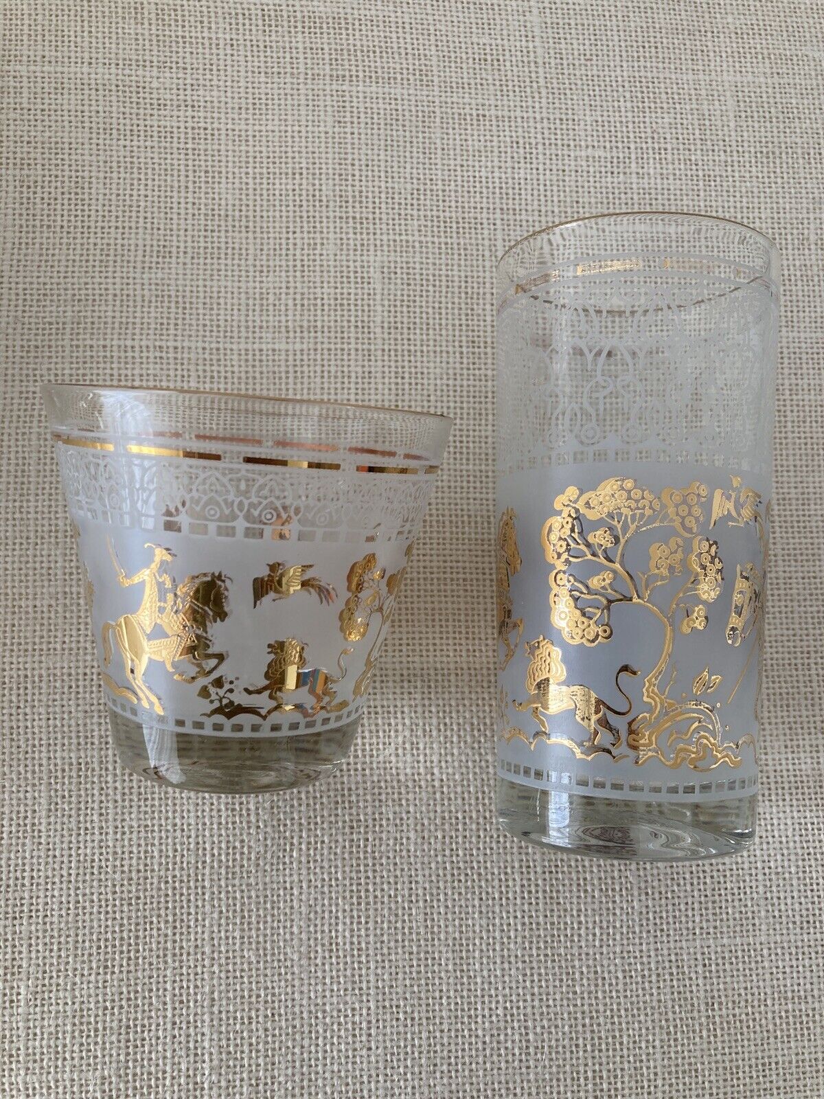 Mid century Hazel Atlas Gold Arabian Knights Cocktail Glasses, set of 14