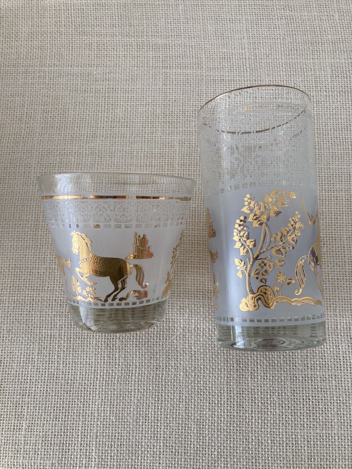 Mid century Hazel Atlas Gold Arabian Knights Cocktail Glasses, set of 14