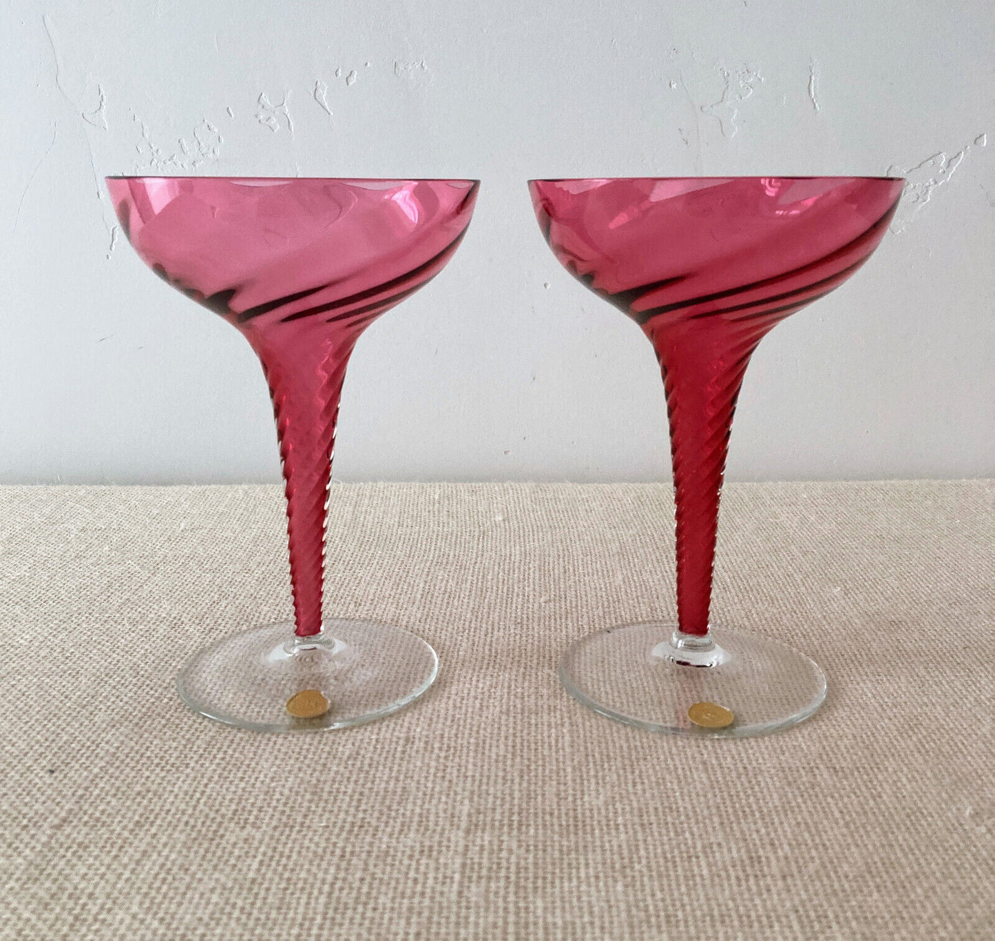 Pair of THEREISENTHAL Crystal SCHMIDT GARDA Rose Swirl Hollow Stem Champagne Glasses