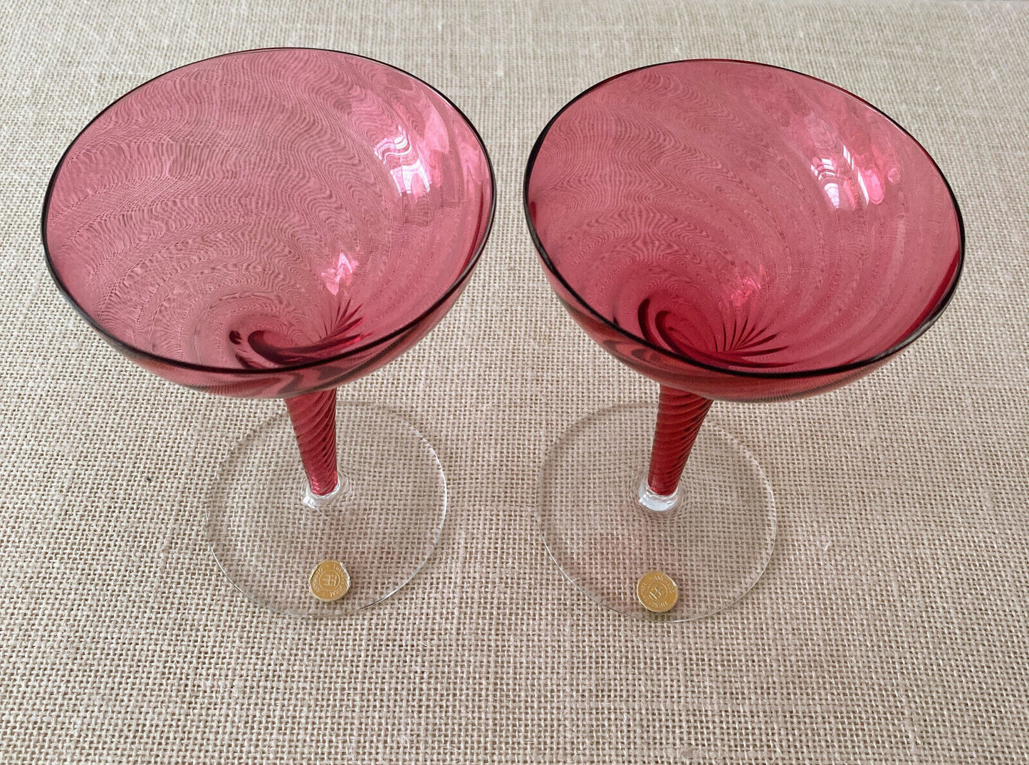 Pair of THEREISENTHAL Crystal SCHMIDT GARDA Rose Swirl Hollow Stem Champagne Glasses
