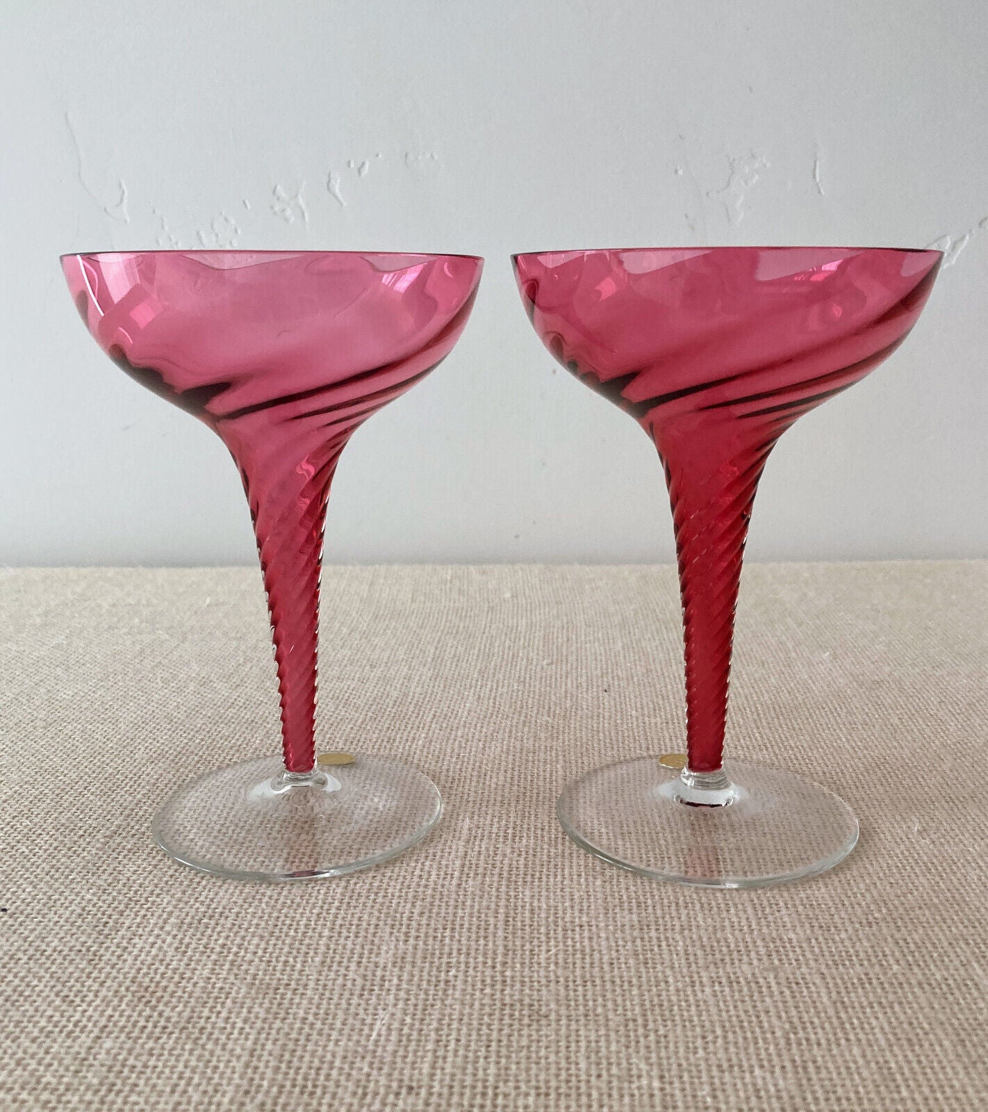 Pair of THEREISENTHAL Crystal SCHMIDT GARDA Rose Swirl Hollow Stem Champagne Glasses