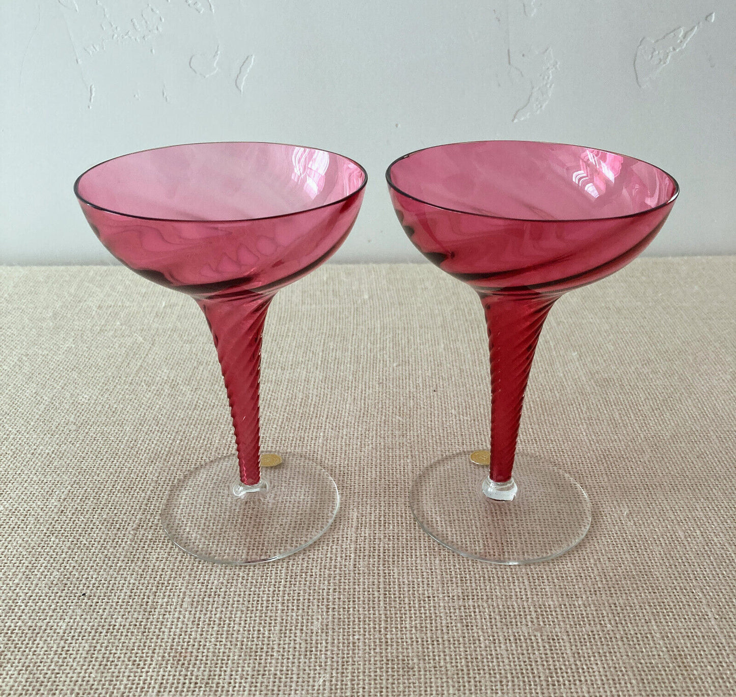 Pair of THEREISENTHAL Crystal SCHMIDT GARDA Rose Swirl Hollow Stem Champagne Glasses