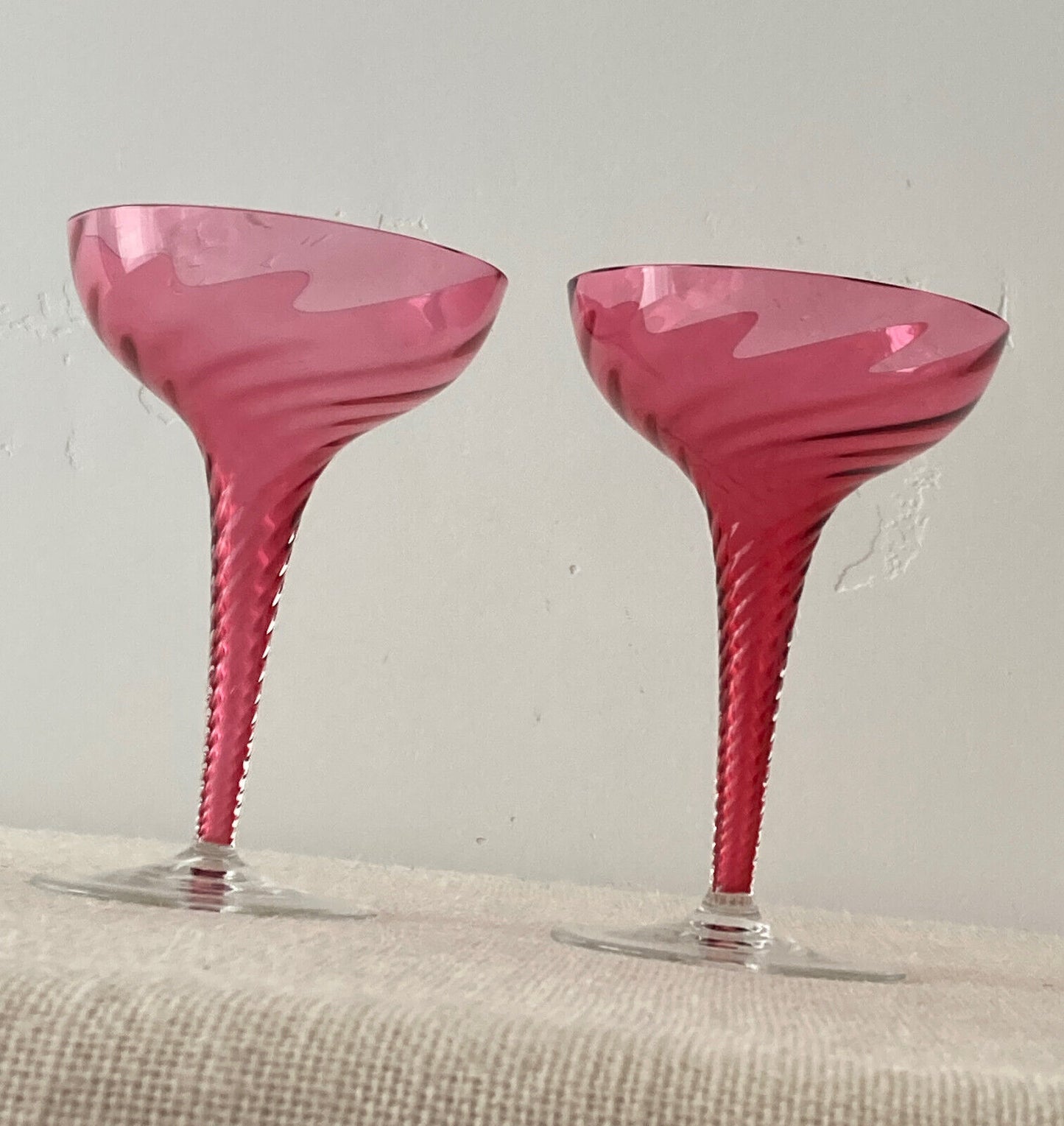 Pair of THEREISENTHAL Crystal SCHMIDT GARDA Rose Swirl Hollow Stem Champagne Glasses