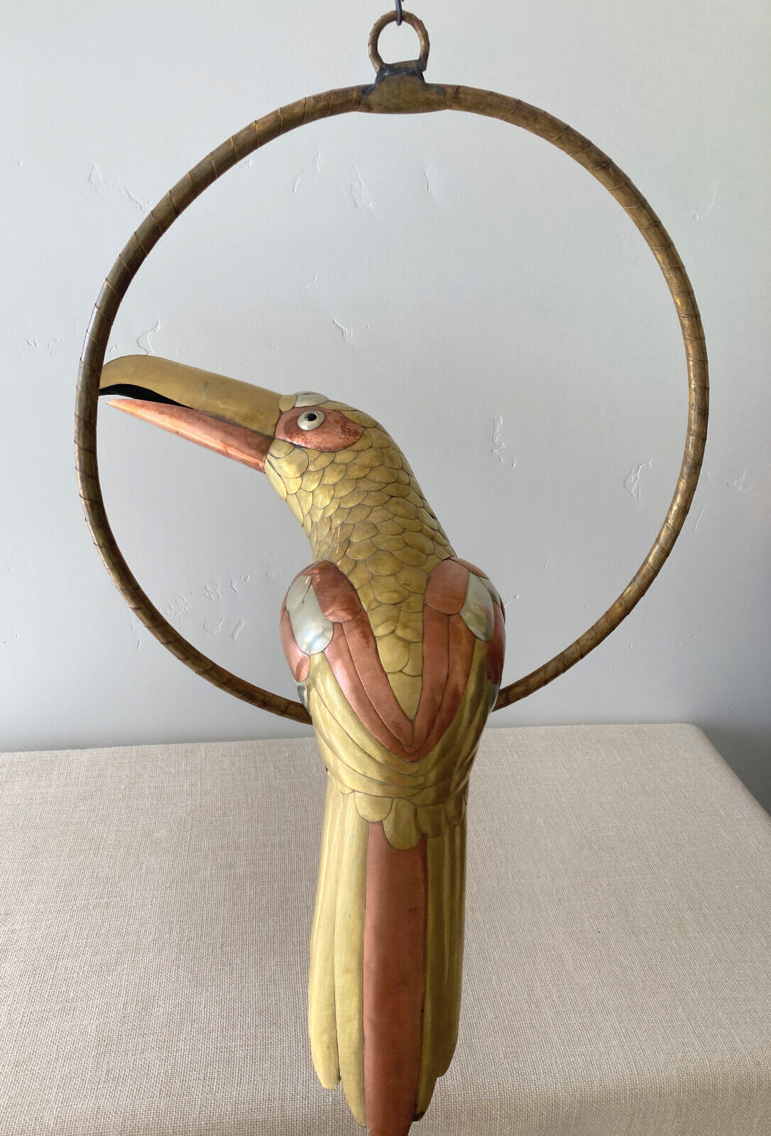 Large Vtg Sergio Bustamante Mixed Metal Brass & Copper Toucan Sculpture w/ Perch