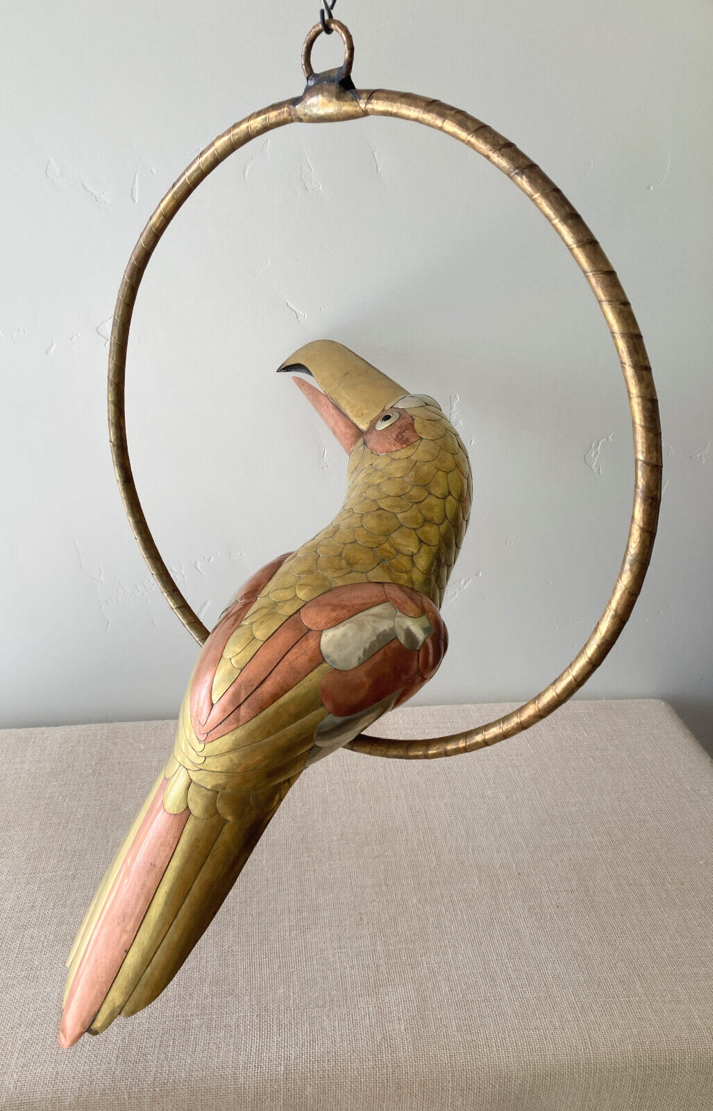 Large Vtg Sergio Bustamante Mixed Metal Brass & Copper Toucan Sculpture w/ Perch