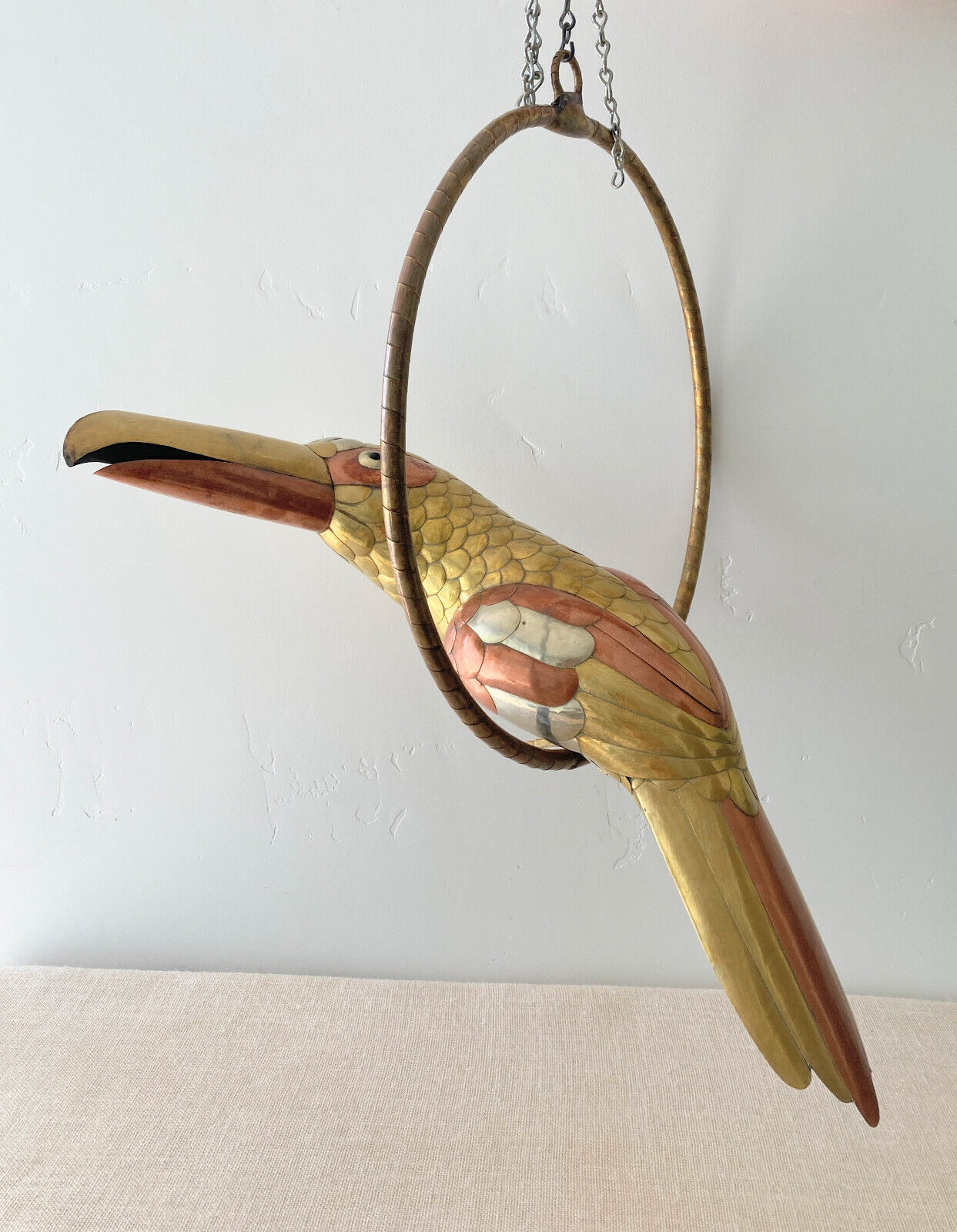 Large Vtg Sergio Bustamante Mixed Metal Brass & Copper Toucan Sculpture w/ Perch