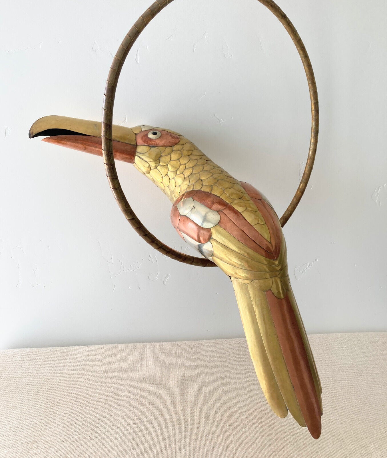 Large Vtg Sergio Bustamante Mixed Metal Brass & Copper Toucan Sculpture w/ Perch