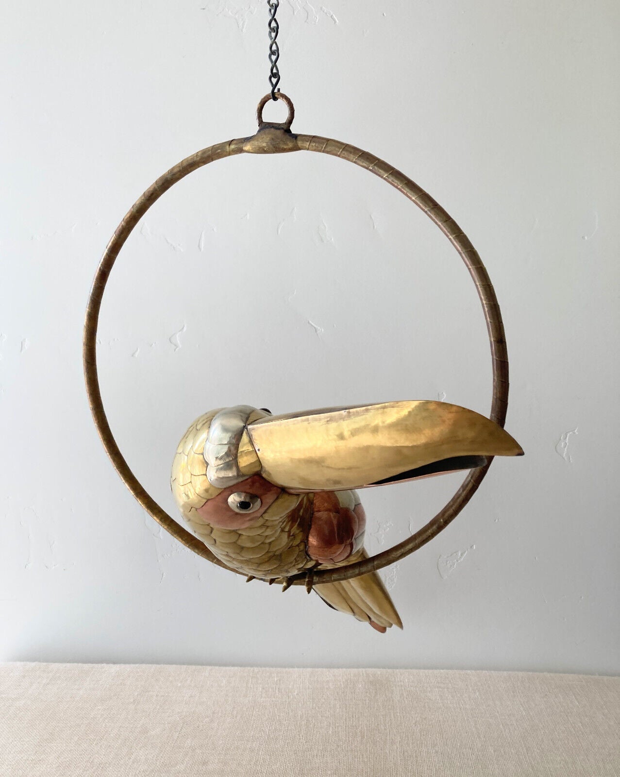 Large Vtg Sergio Bustamante Mixed Metal Brass & Copper Toucan Sculpture w/ Perch