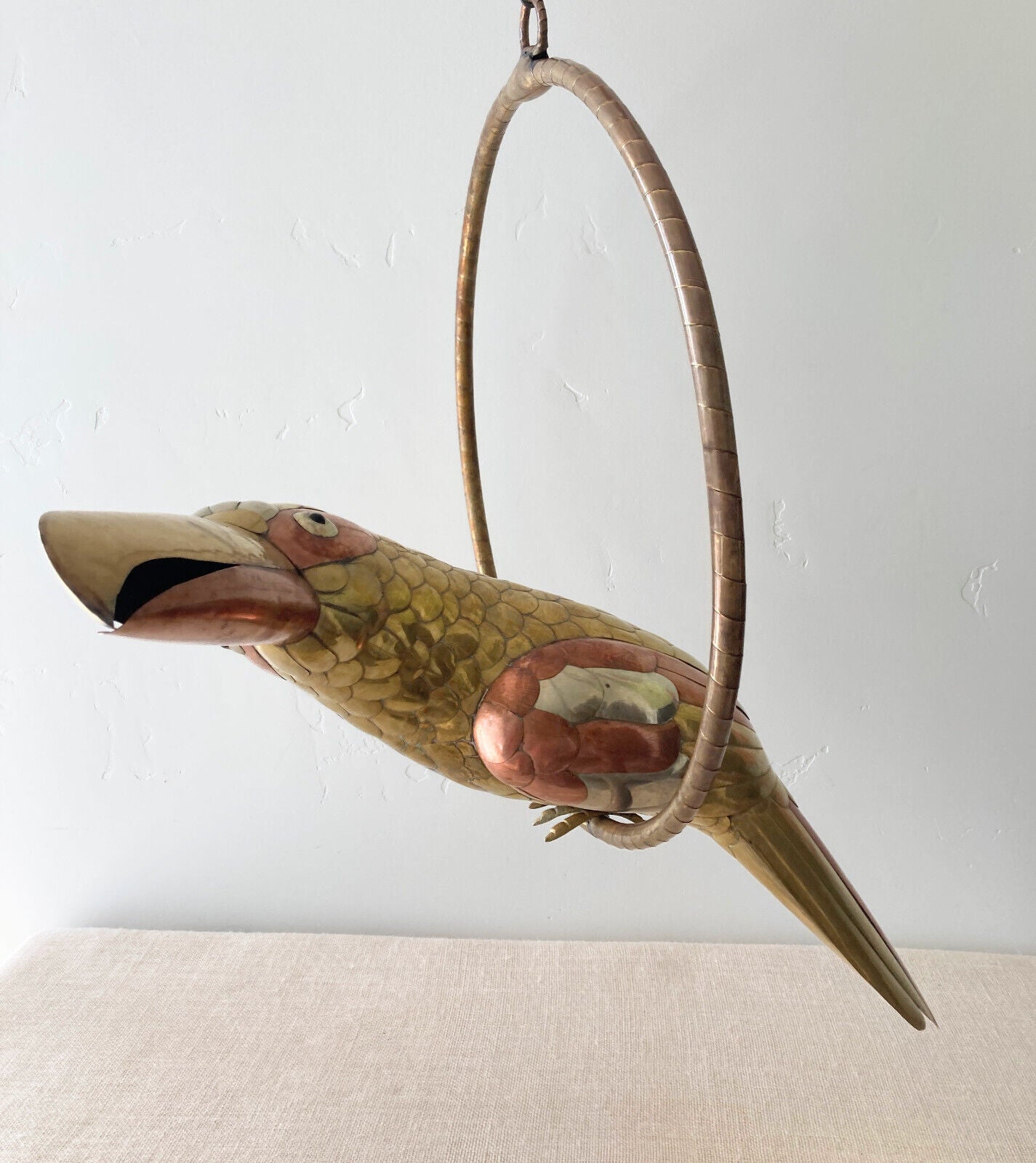 Large Vtg Sergio Bustamante Mixed Metal Brass & Copper Toucan Sculpture w/ Perch