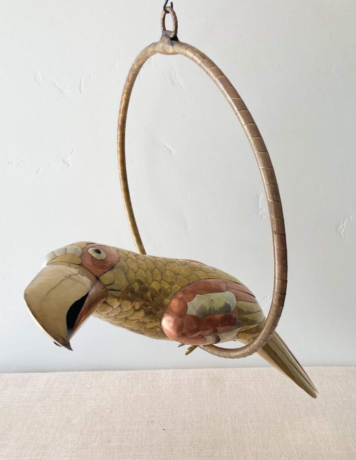 Large Vtg Sergio Bustamante Mixed Metal Brass & Copper Toucan Sculpture w/ Perch