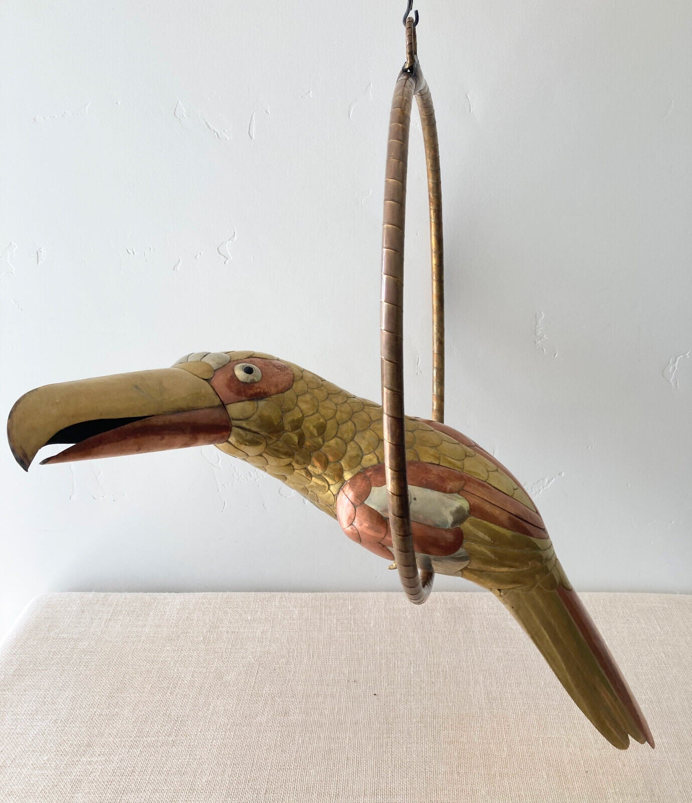 Large Vtg Sergio Bustamante Mixed Metal Brass & Copper Toucan Sculpture w/ Perch