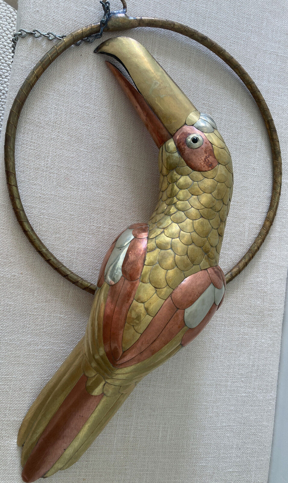 Large Vtg Sergio Bustamante Mixed Metal Brass & Copper Toucan Sculpture w/ Perch