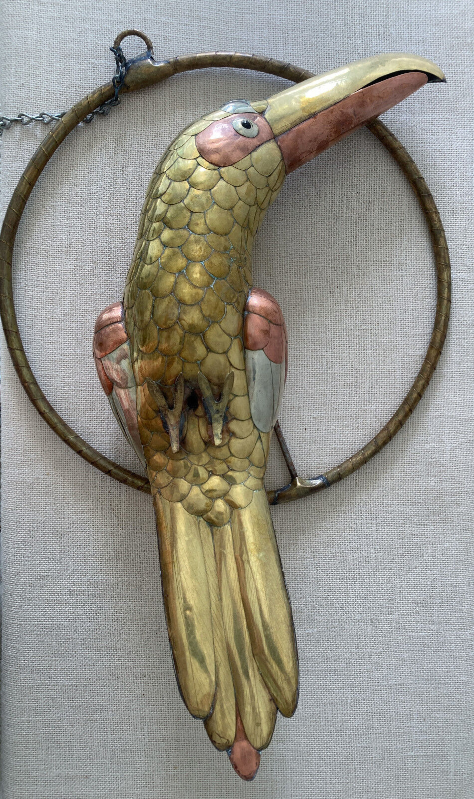 Large Vtg Sergio Bustamante Mixed Metal Brass & Copper Toucan Sculpture w/ Perch