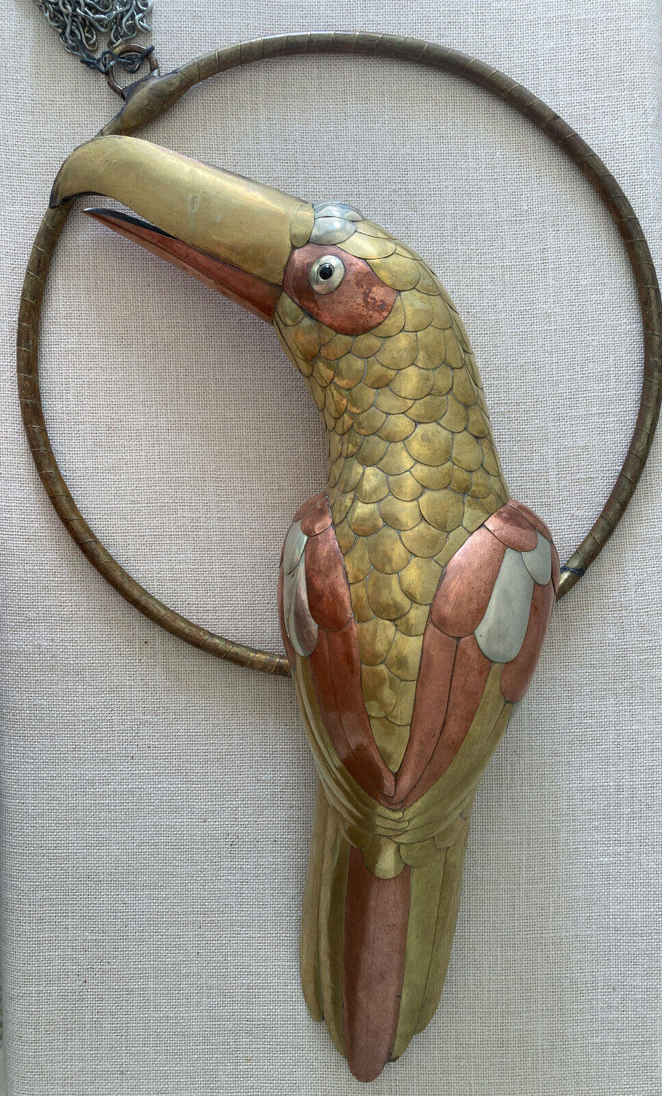 Large Vtg Sergio Bustamante Mixed Metal Brass & Copper Toucan Sculpture w/ Perch
