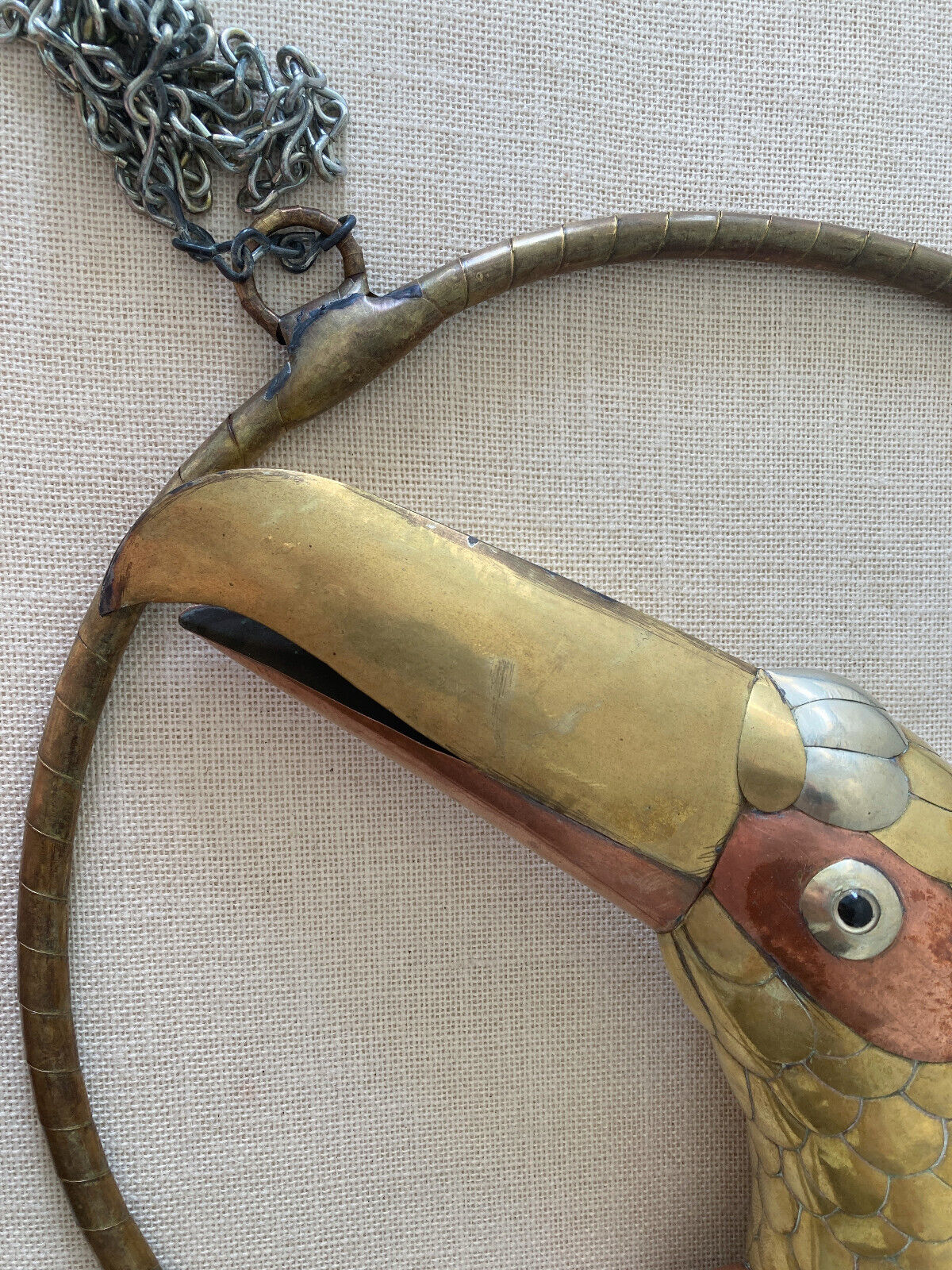 Large Vtg Sergio Bustamante Mixed Metal Brass & Copper Toucan Sculpture w/ Perch