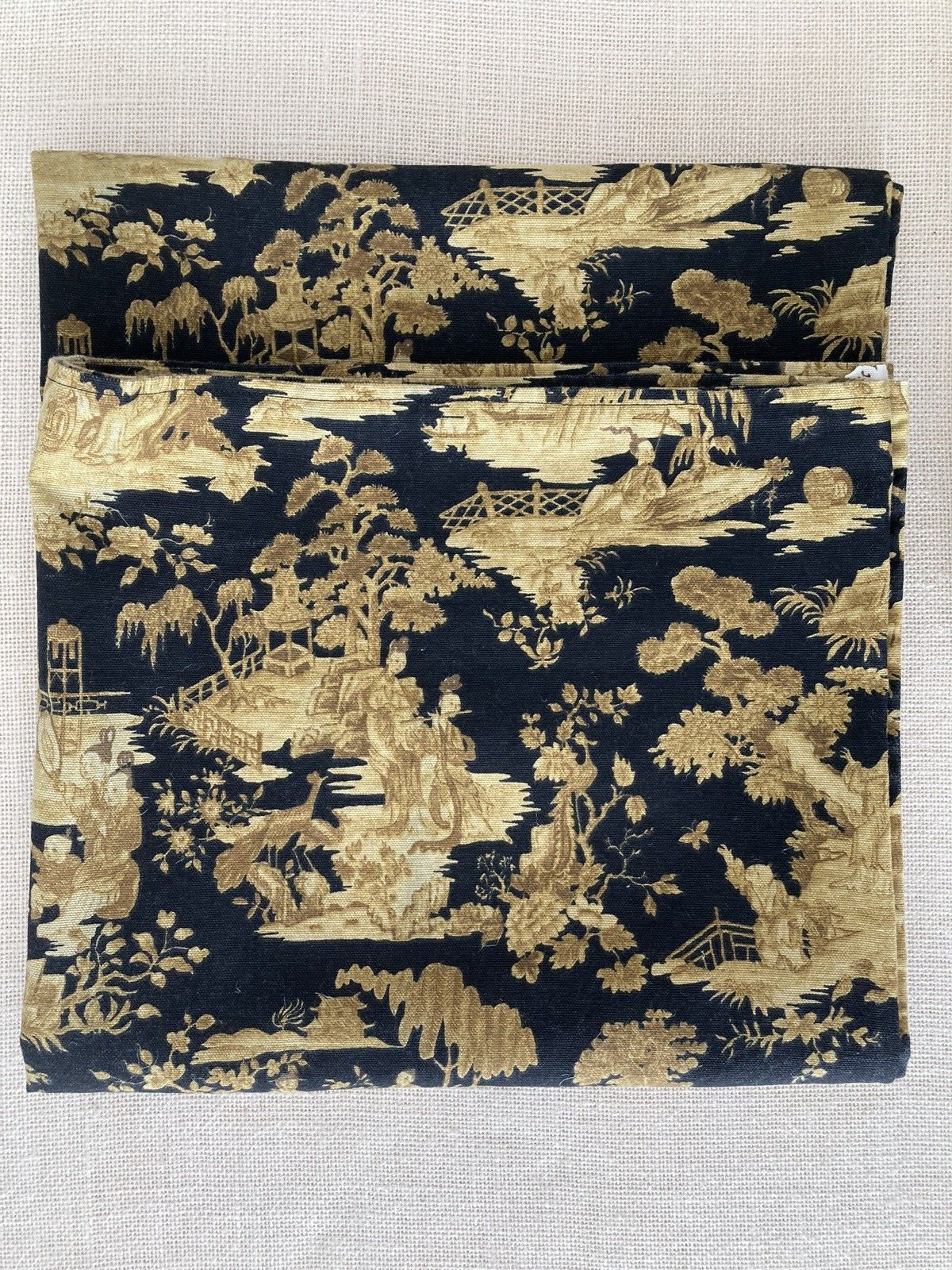Chinoiserie Toile Cotton Fabric Tablecloth in black & ochre