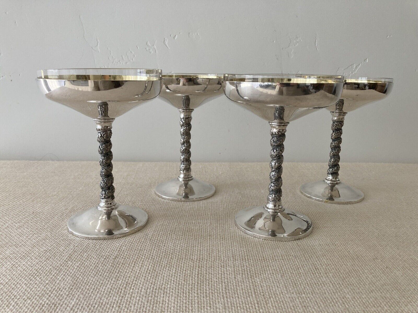Spanish Silverplate Cocktail Champagne Goblets with Glass Liners (4)