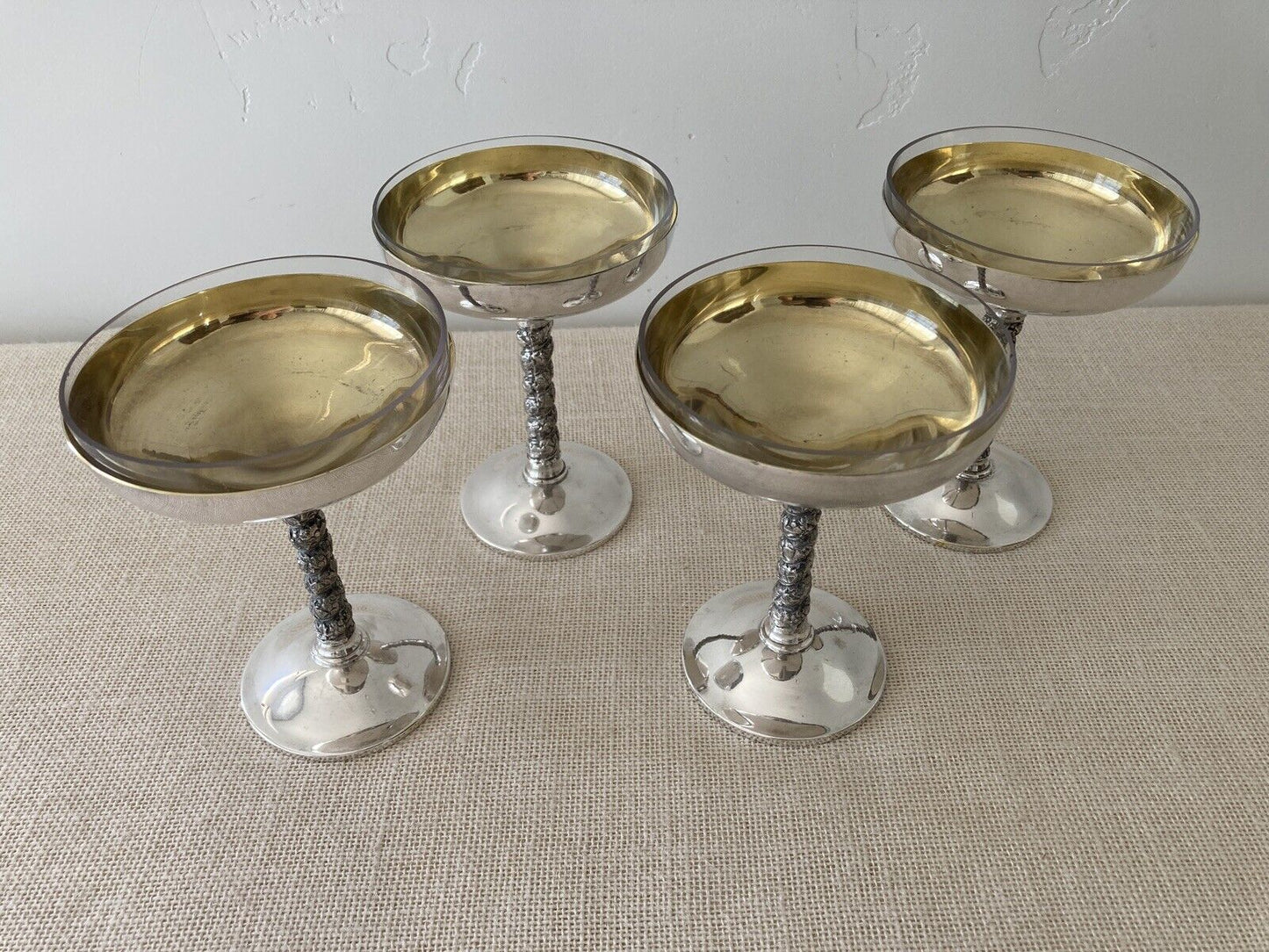 Spanish Silverplate Cocktail Champagne Goblets with Glass Liners (4)