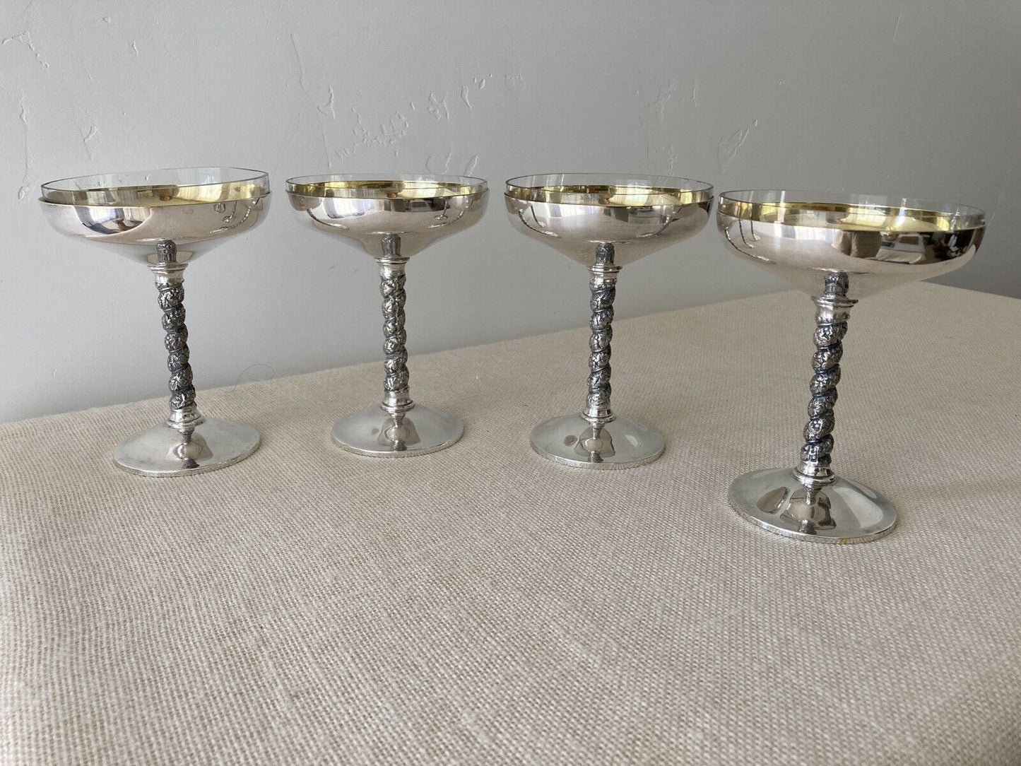 Spanish Silverplate Cocktail Champagne Goblets with Glass Liners (4)