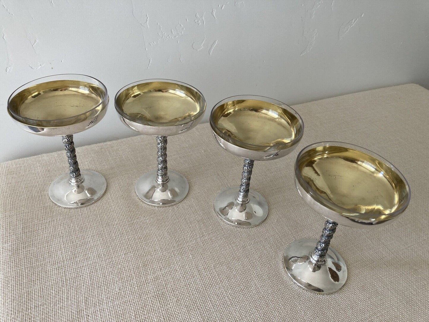 Spanish Silverplate Cocktail Champagne Goblets with Glass Liners (4)
