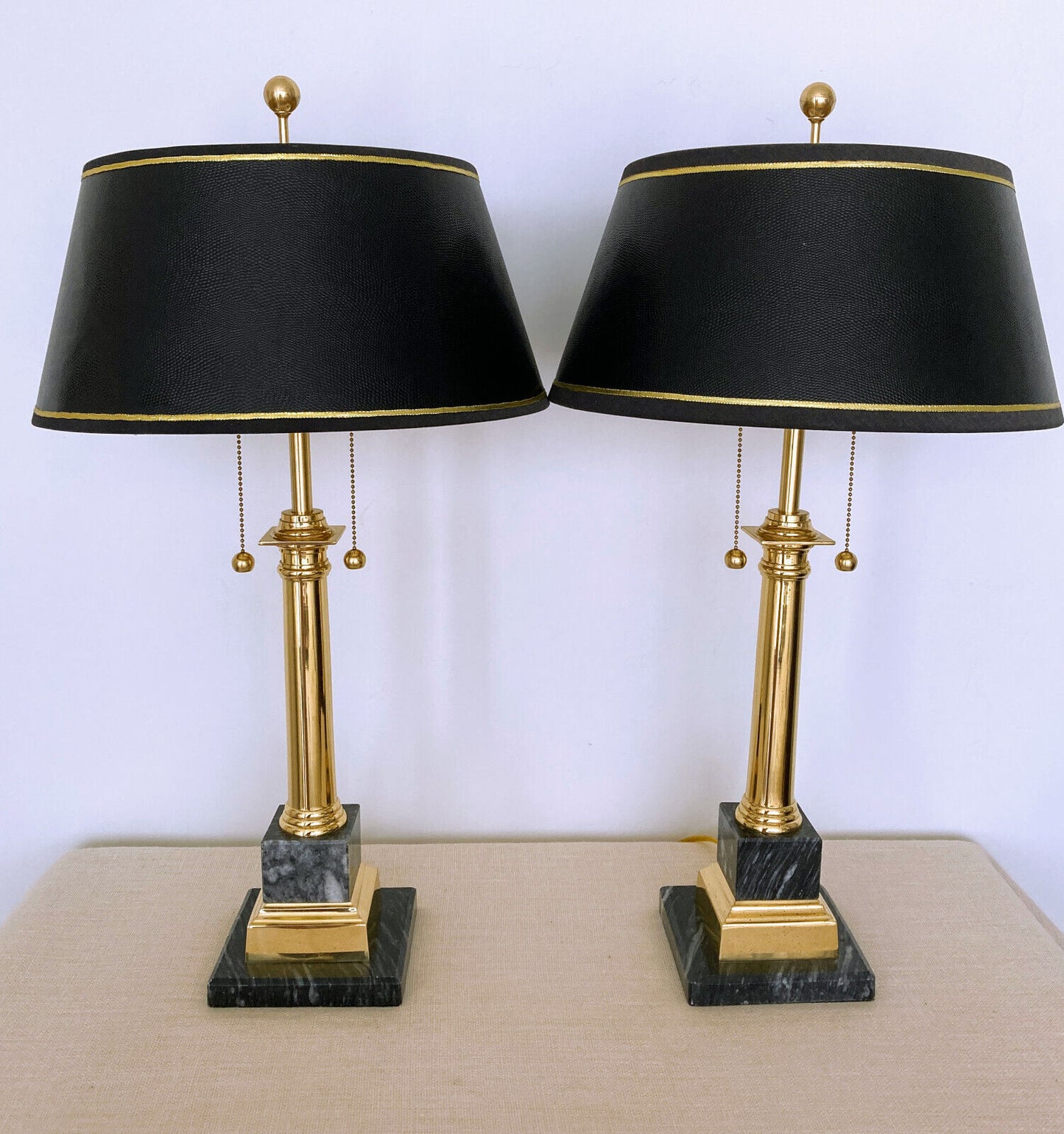 Neoclassical Brass & Black Marble Table Lamps with Original Shades