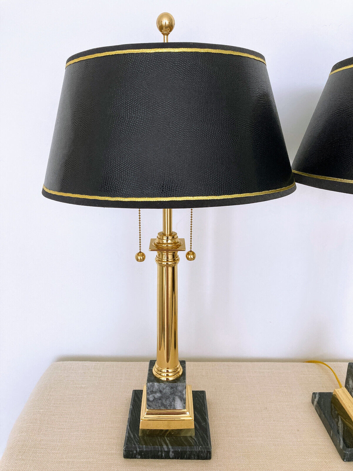 Neoclassical Brass & Black Marble Table Lamps with Original Shades